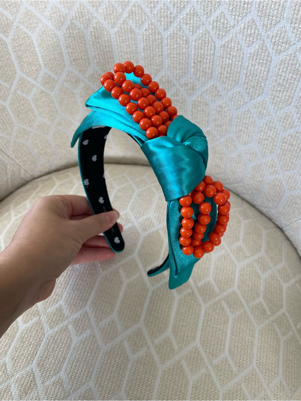Lele Sadoughi Teal Satin Headband with Orange Beaded Bow One of a kind